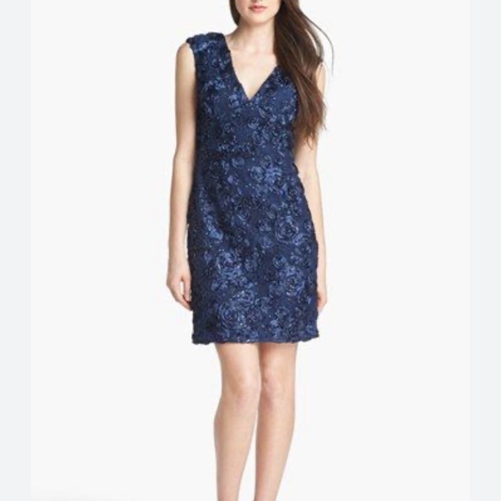 Marina Lace Sequins Floral  V-Neck Mini Navy Dress Size 4
